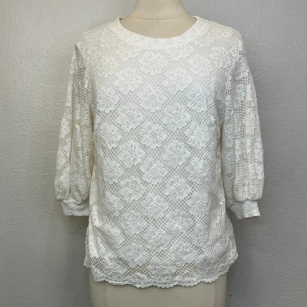 Athropologie Eri + Ali Ivory Lace Top Cotton Blend‎ Top Blouse Puff Sleeve Sz S